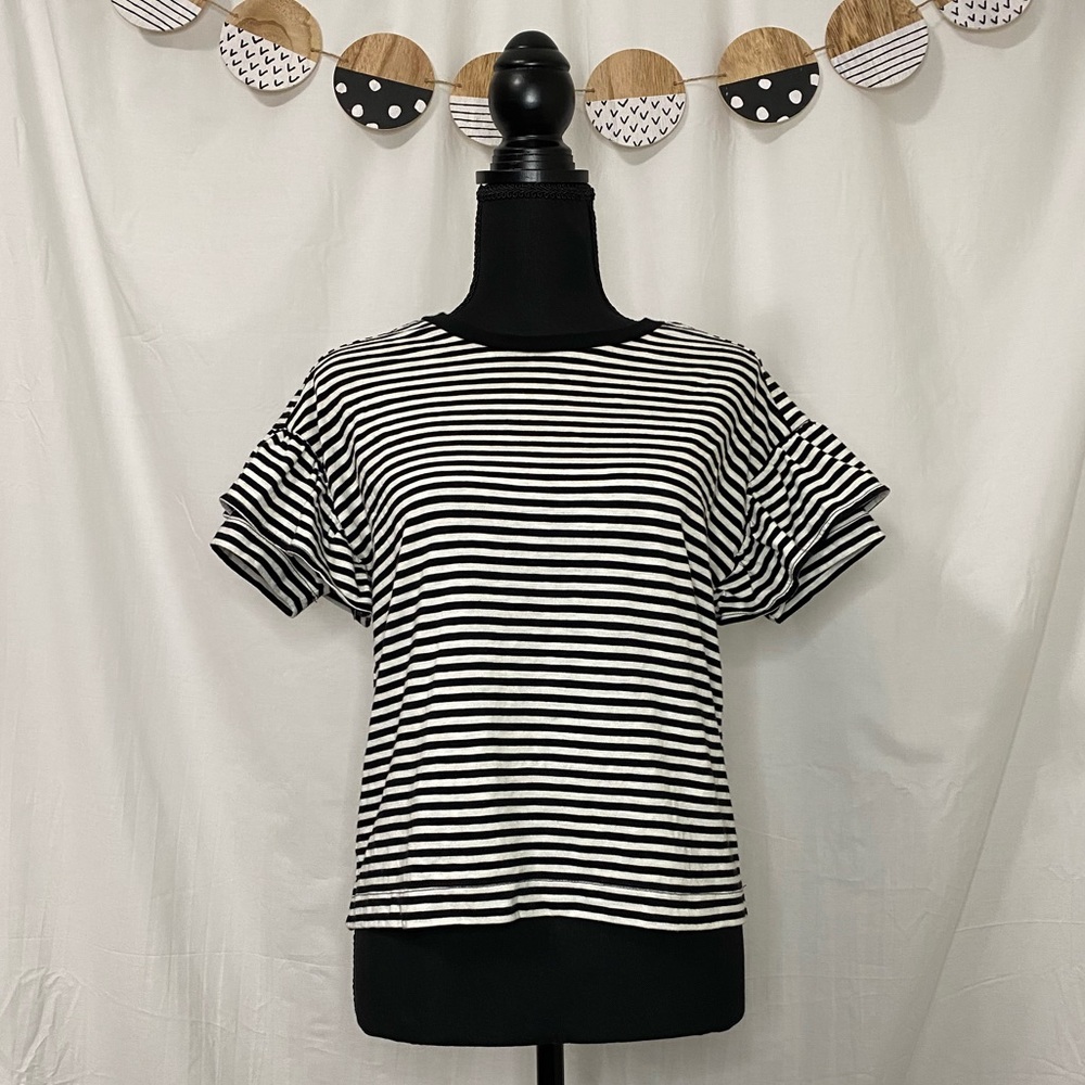 Madewell Ruffle Short Sleeve Stripe Tee | Cotton Blend | Size XS